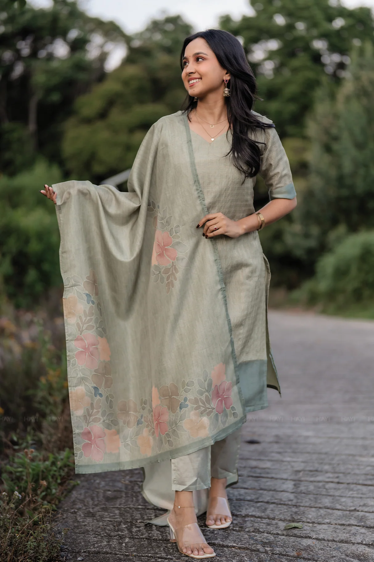 Olive Green 3 Piece Tussar Silk Printed Kurta Set with Dupatta
